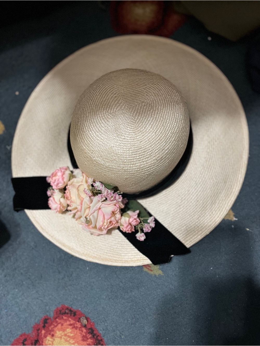 Plaza Suite Betmar Cream Straw Hat with Black Band and Pink Floral Trim